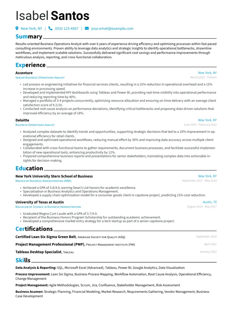 Business Operations Analyst Resume Example CV template preview