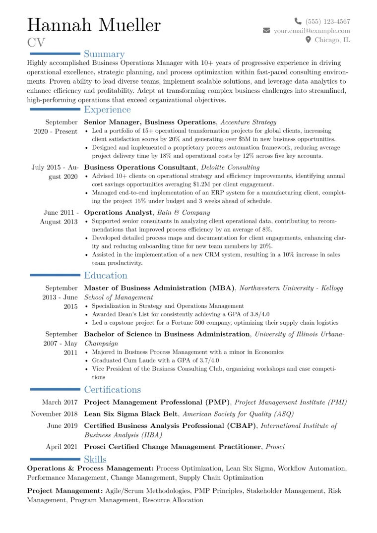 Business Operations Manager Resume Example CV template preview