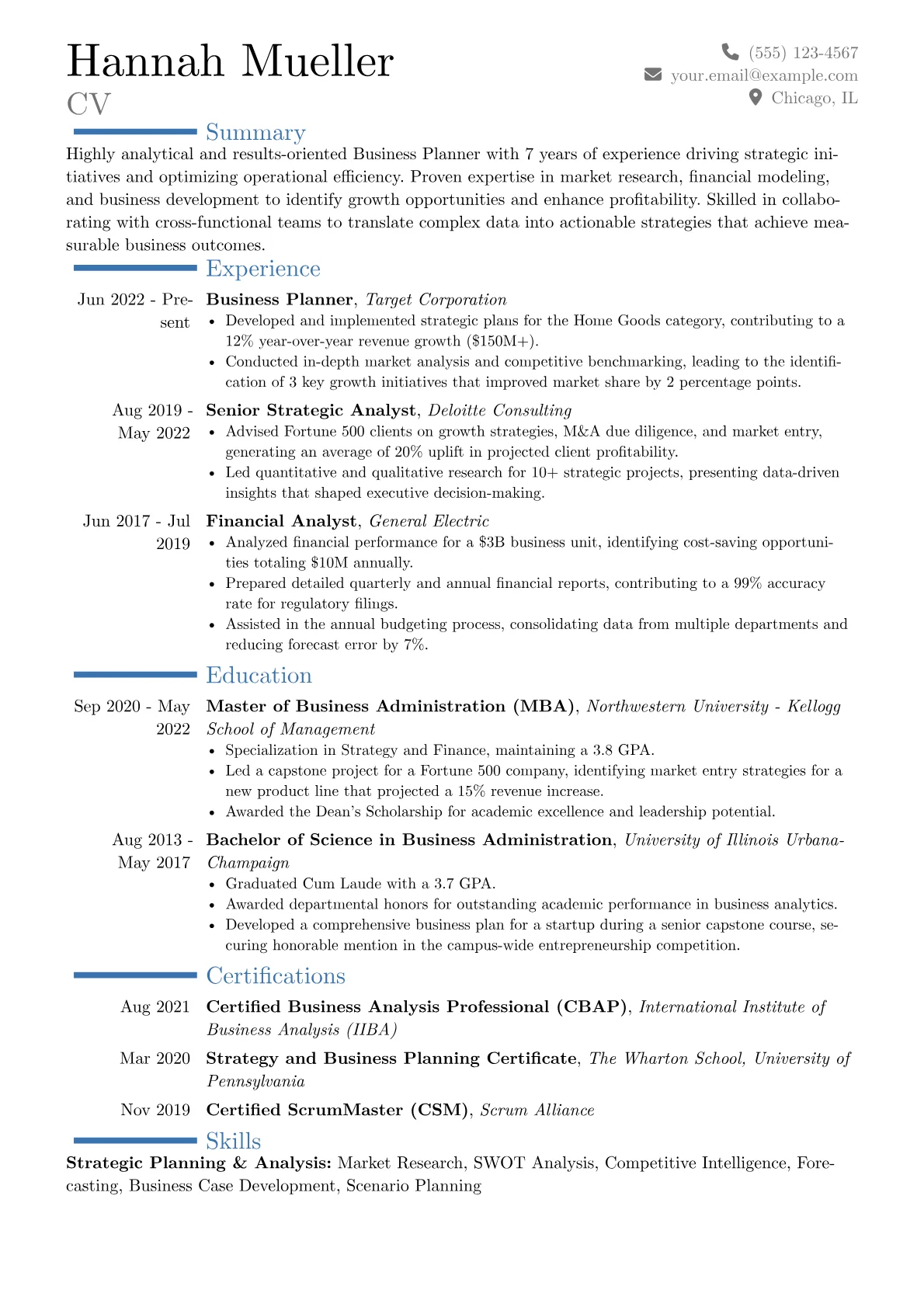 Business Planner Resume Example CV template - Page 1