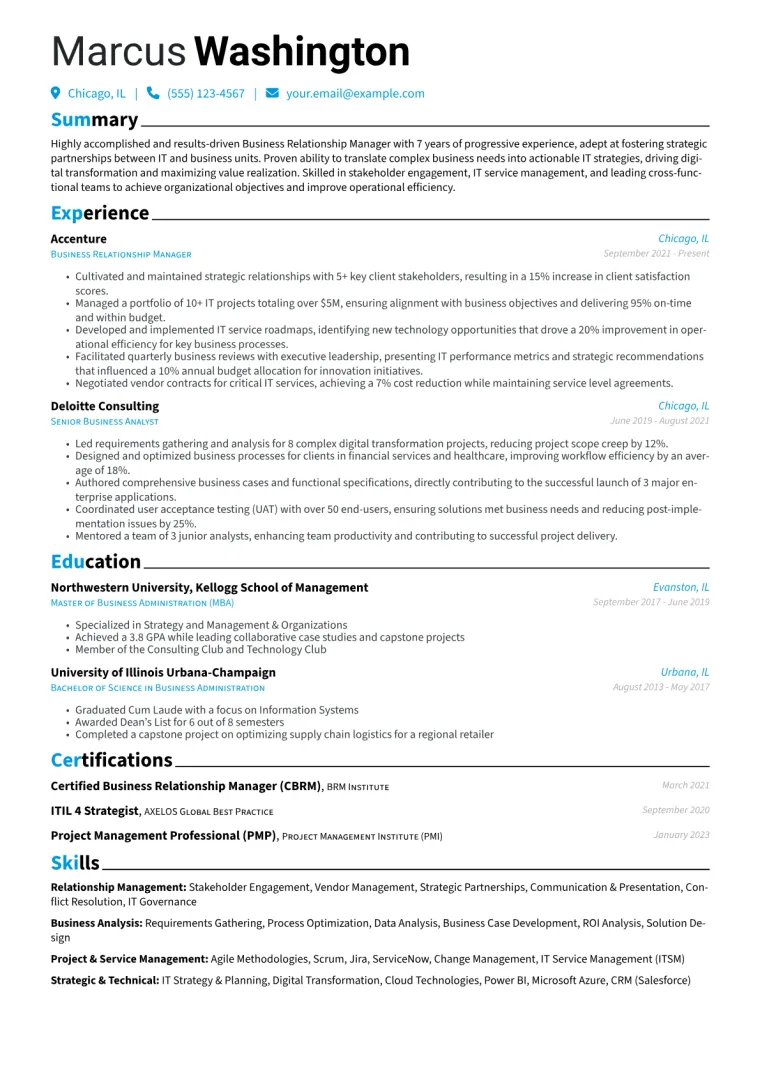 Business Relationship Manager Resume Example CV template preview