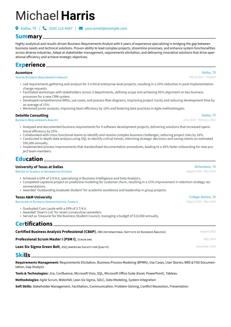 Business Requirements Analyst Resume Example CV template preview