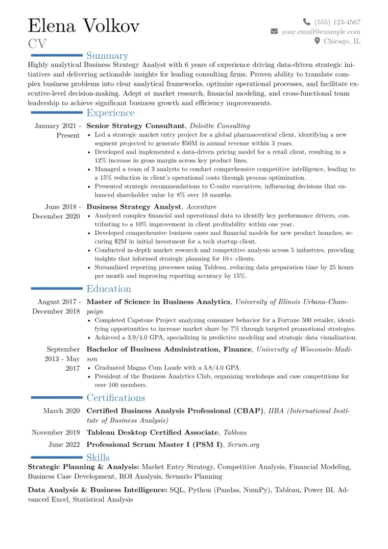 Business Strategy Analyst Resume Example CV template preview