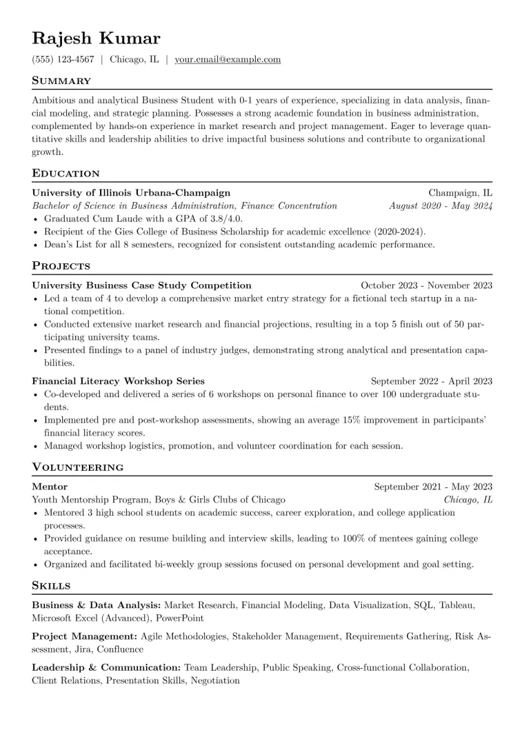 Business Student Resume Example
