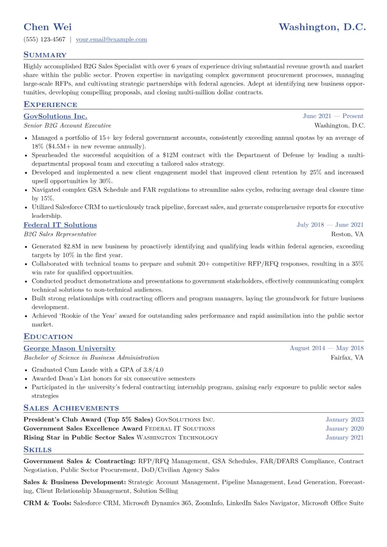 B2G Sales Specialist Resume Example CV template preview