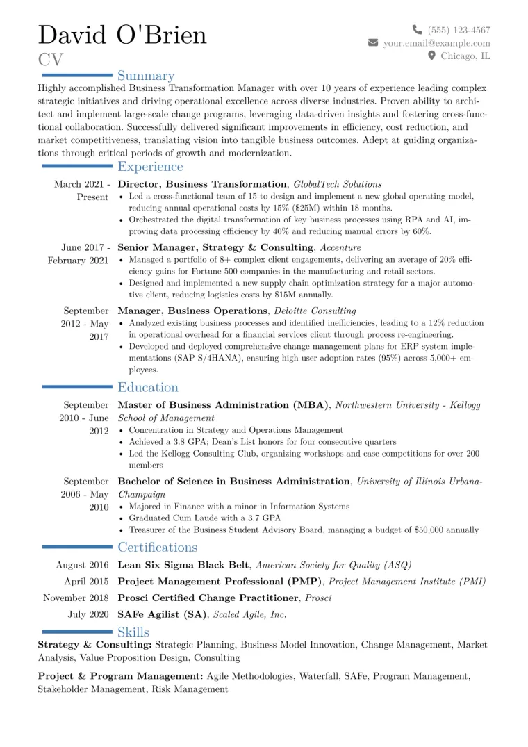 Business Transformation Manager Resume Example CV template preview