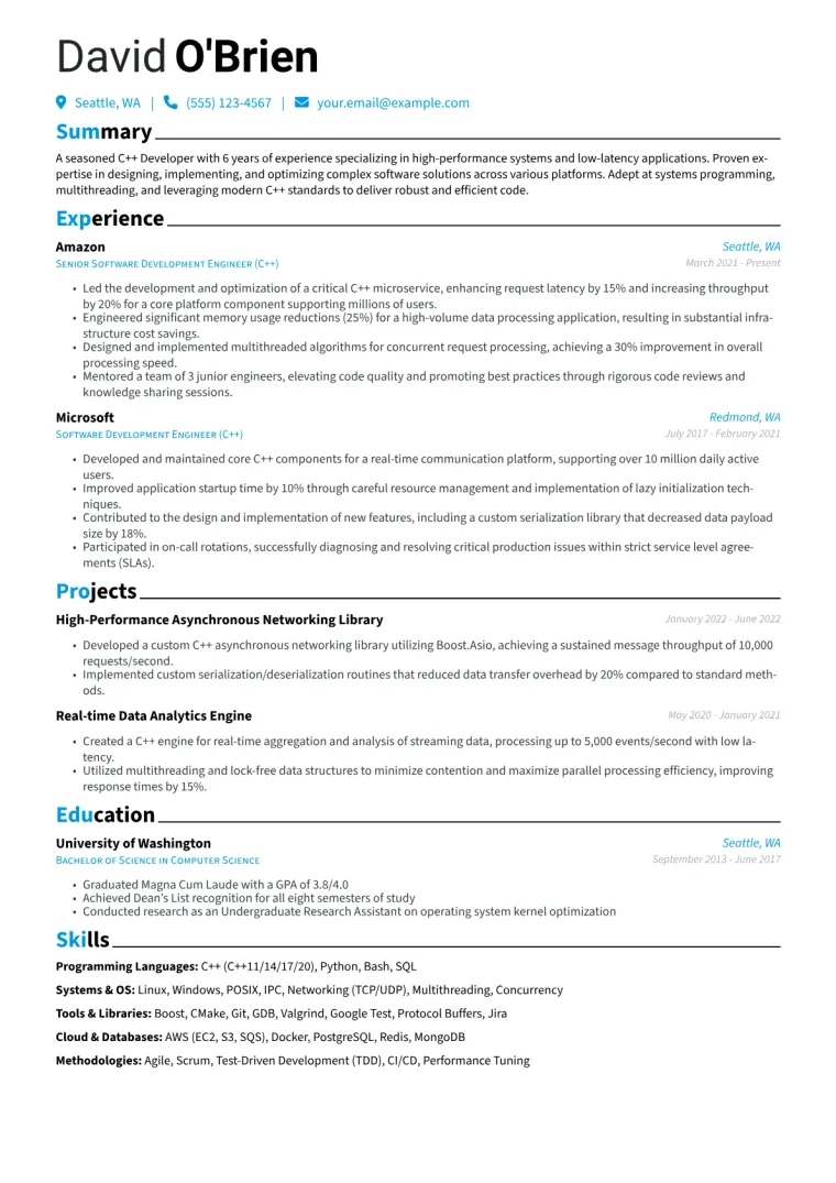 C++ Developer Resume Example CV template preview