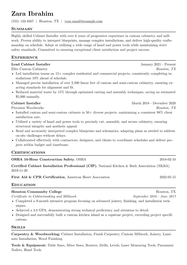 Cabinet Installer Resume Example CV template preview