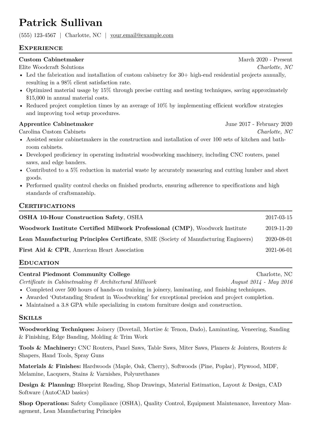Cabinetmaker Resume Example CV template - Page 1