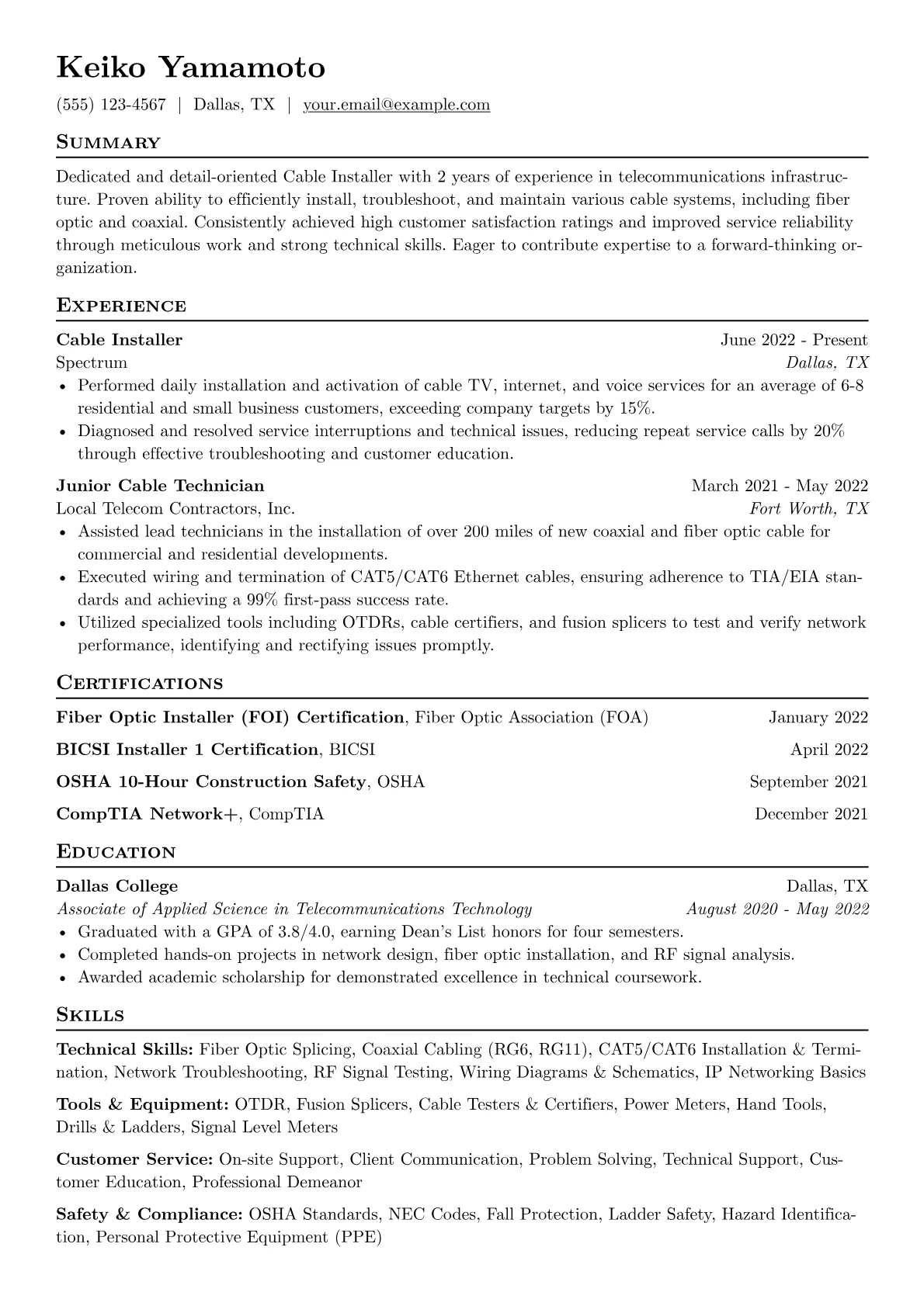 Cable Installer Resume Example CV template - Page 1