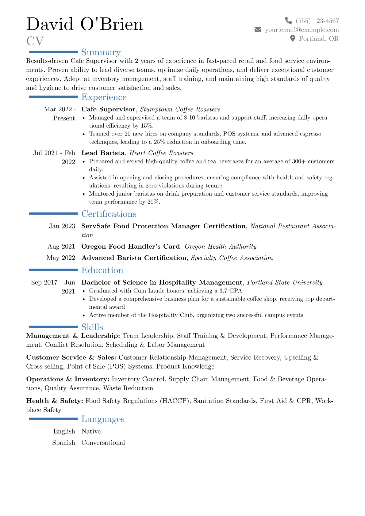Cafe Supervisor Resume Example CV template - Page 1