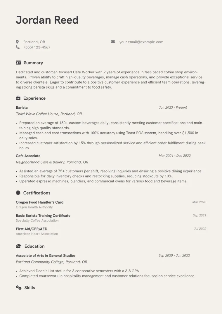 Cafe Worker Resume Example CV template preview