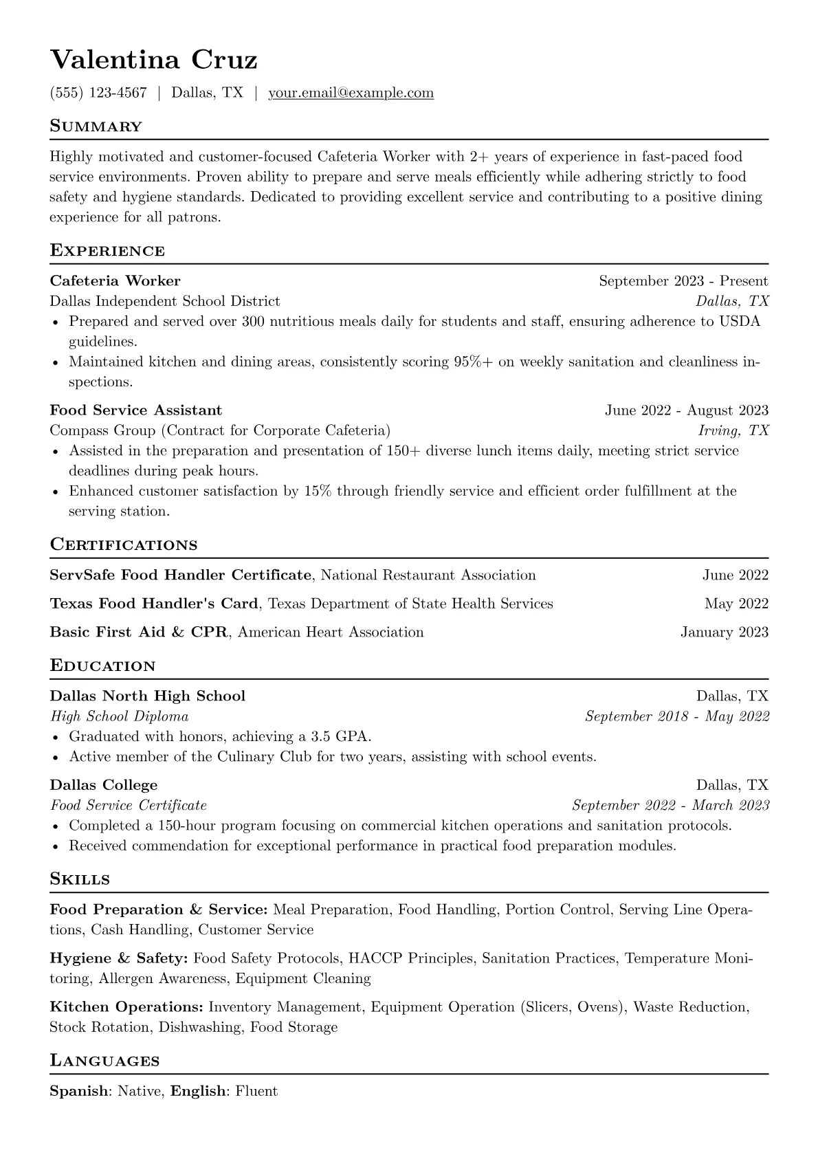Cafeteria Worker Resume Example CV template - Page 1