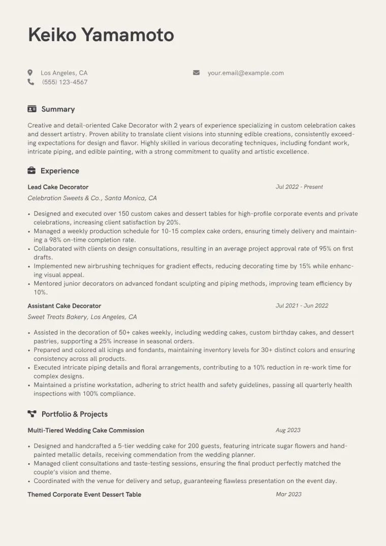 Cake Decorator Resume Example