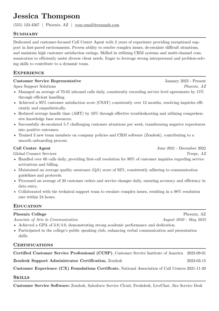 Call Center Agent Resume Example CV template preview