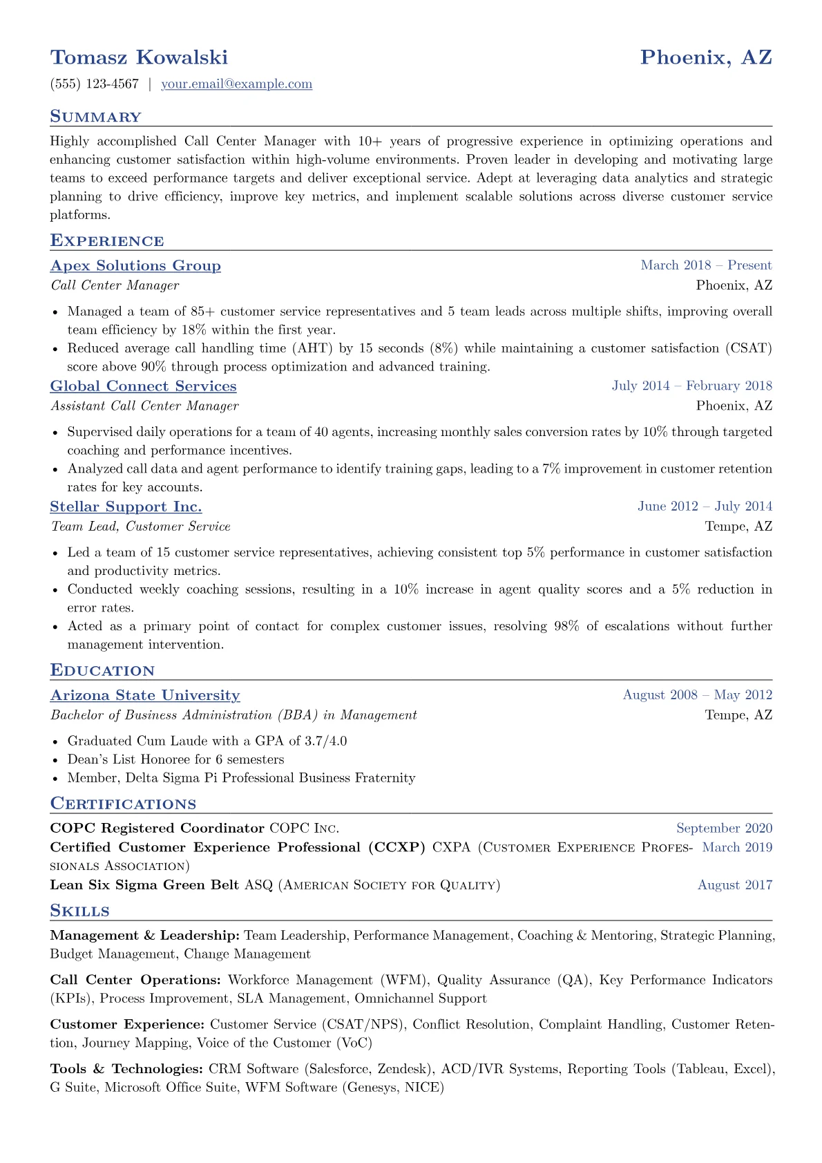 Call Center Manager Resume Example CV template - Page 1