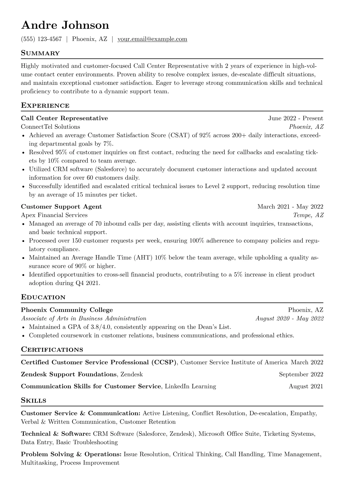 Call Center Representative Resume Example CV template - Page 1