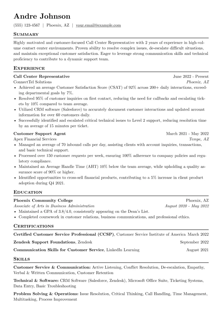 Call Center Representative Resume Example CV template preview