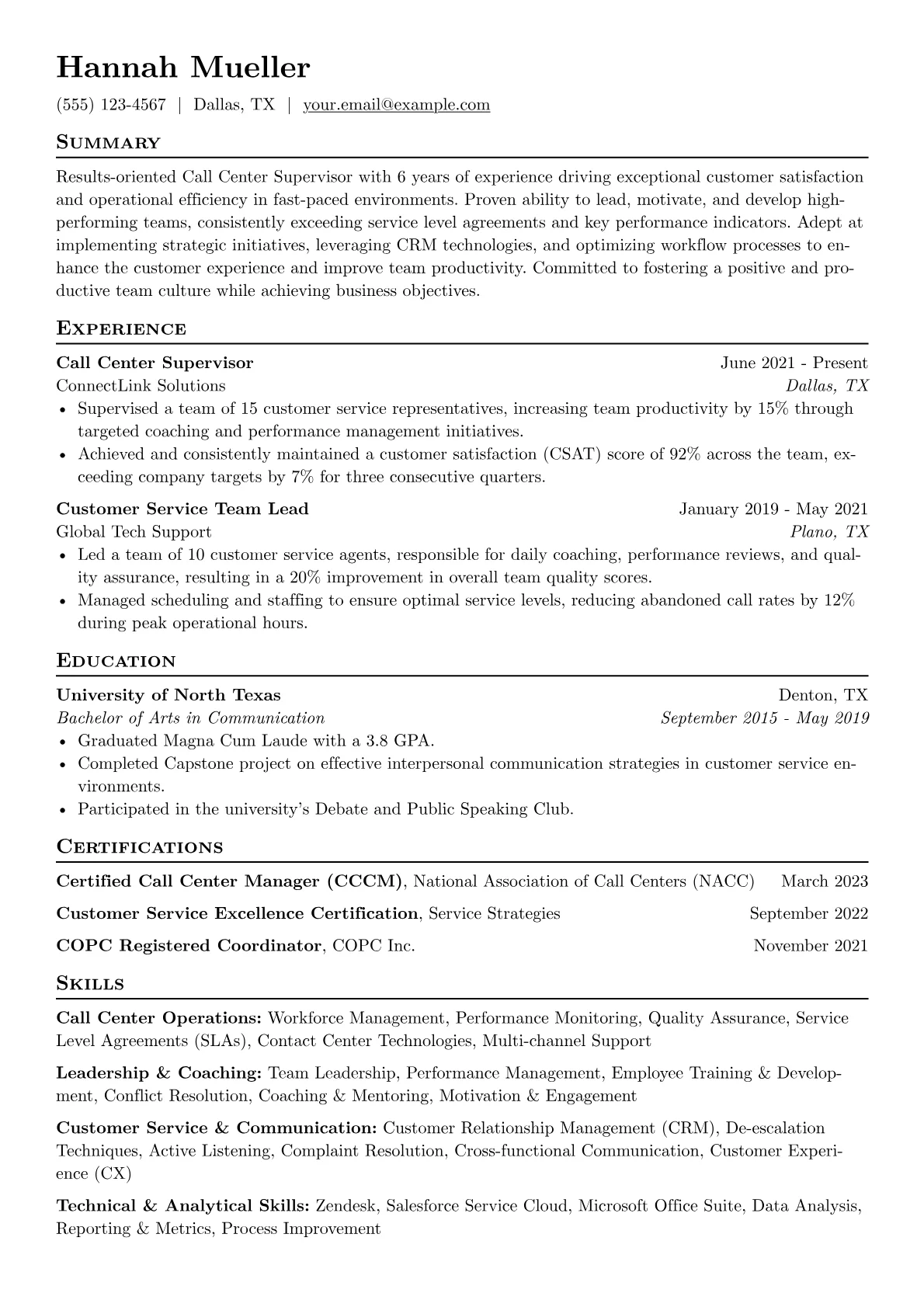 Call Center Supervisor Resume Example CV template - Page 1