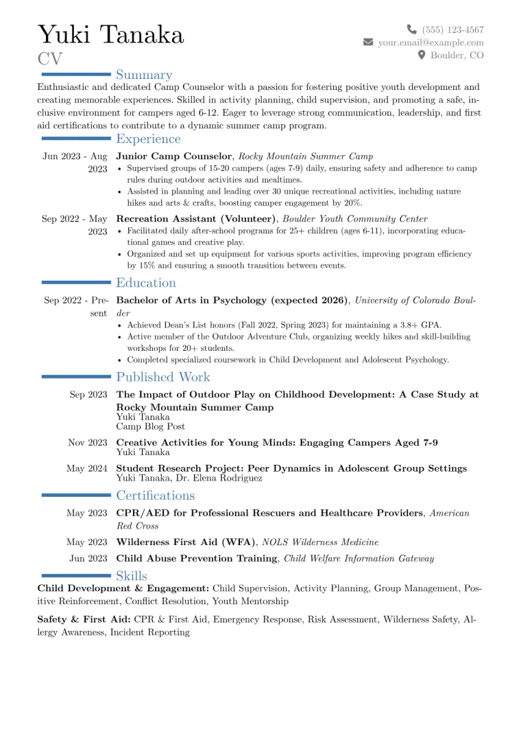 Camp Counselor Resume Example CV template preview