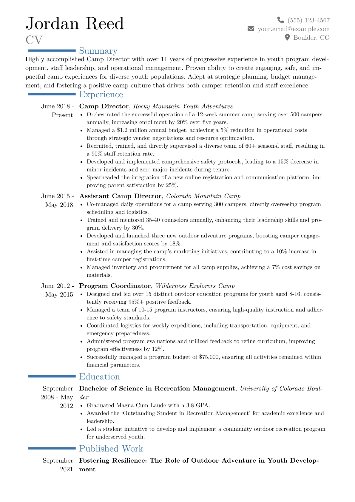 Camp Director Resume Example CV template - Page 1