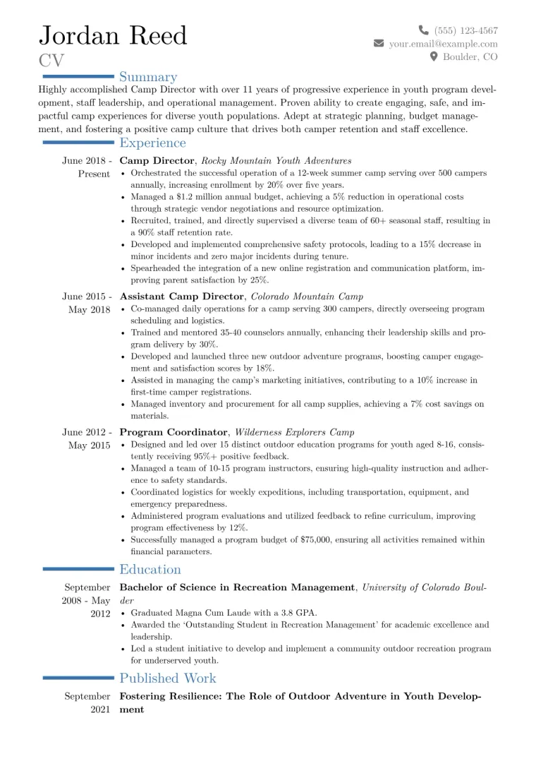 Camp Director Resume Example CV template preview