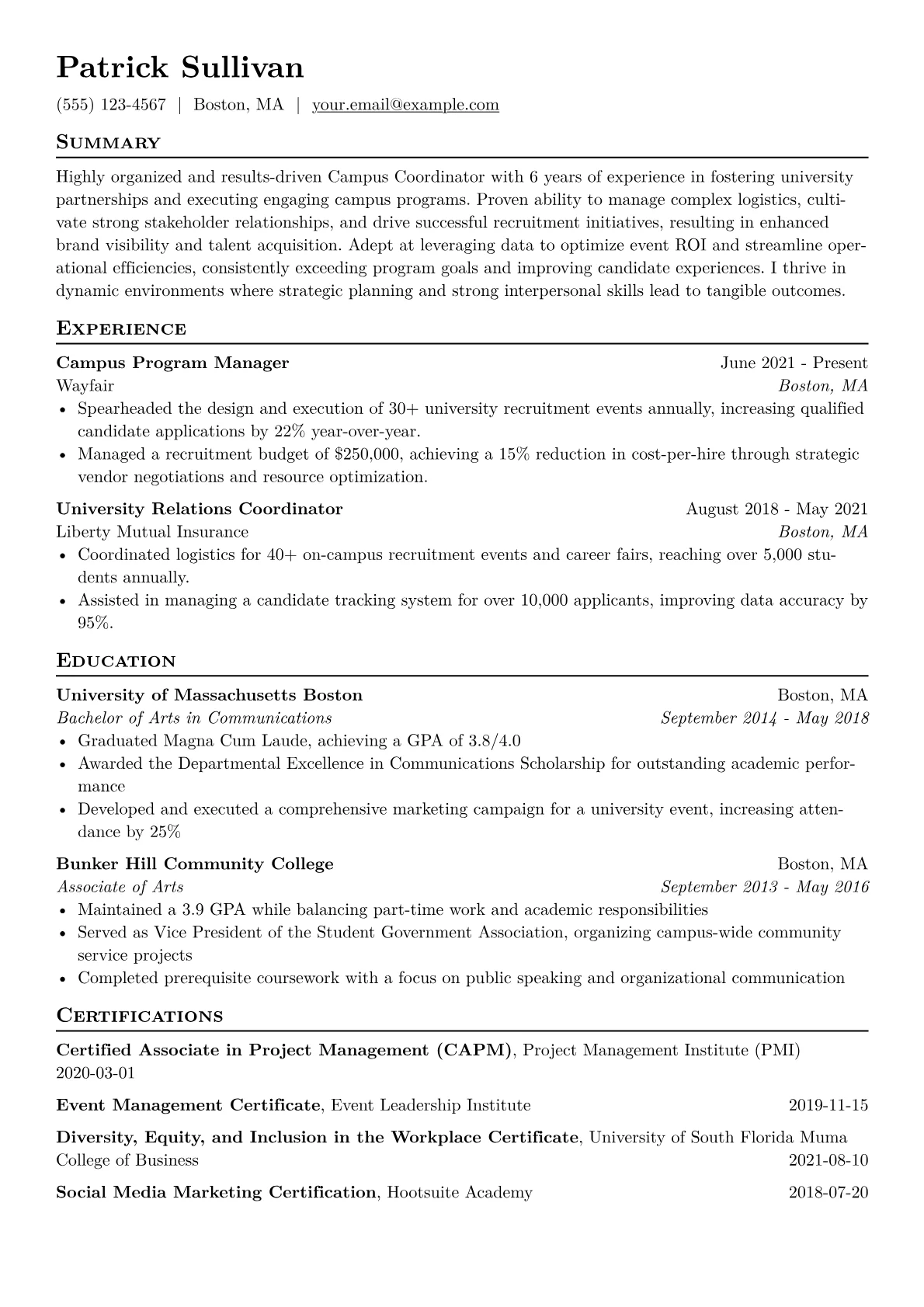 Campus Coordinator Resume Example CV template - Page 1
