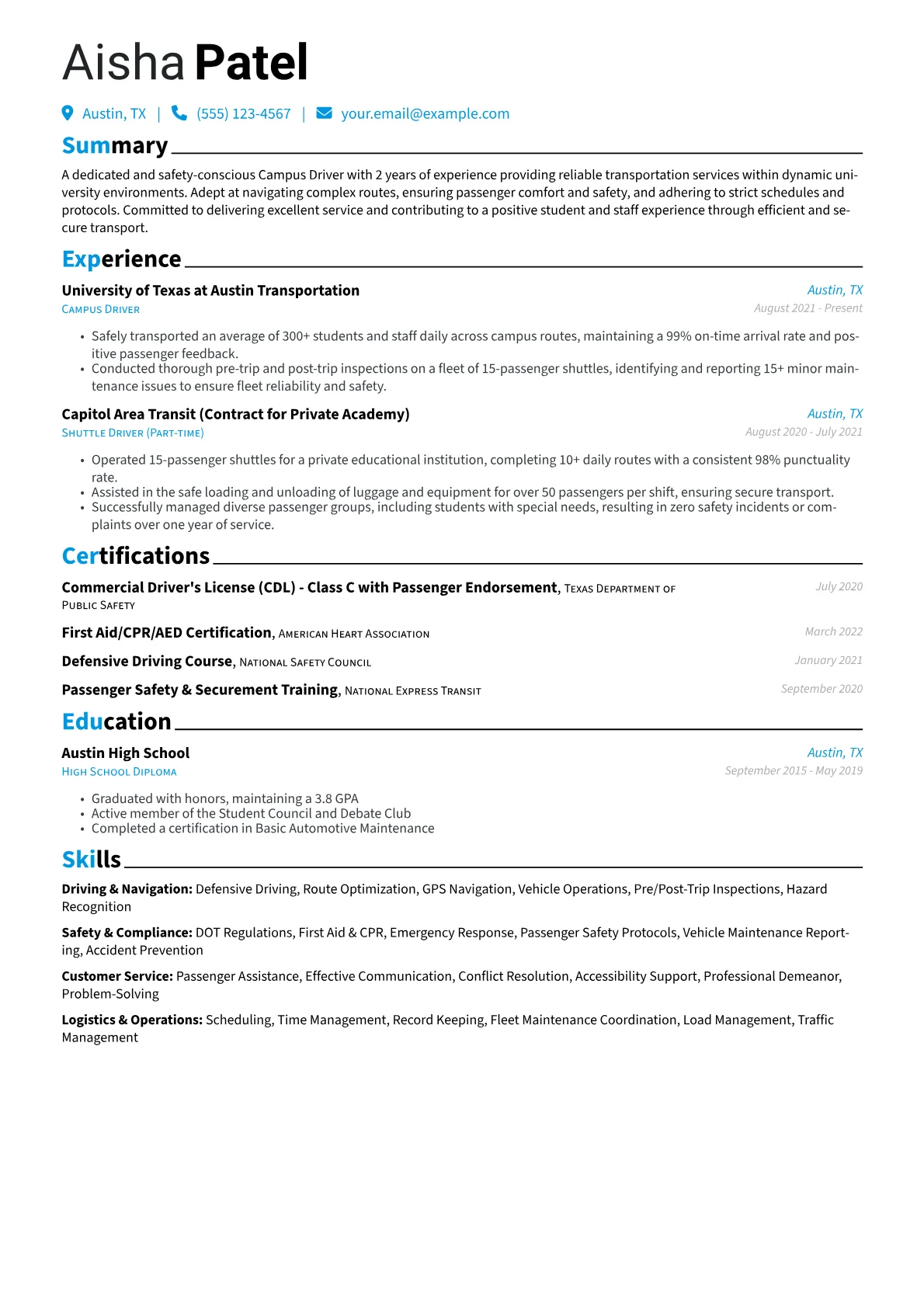Campus Driver Resume Example CV template - Page 1