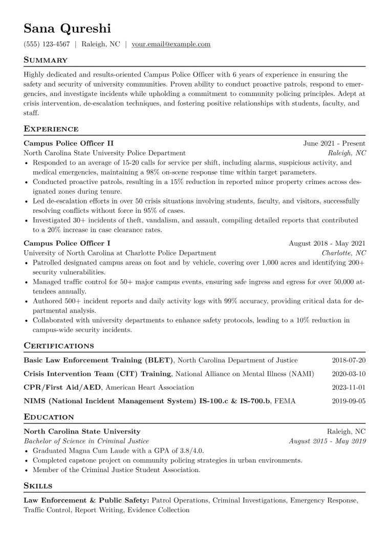 Campus Police Officer Resume Example CV template preview