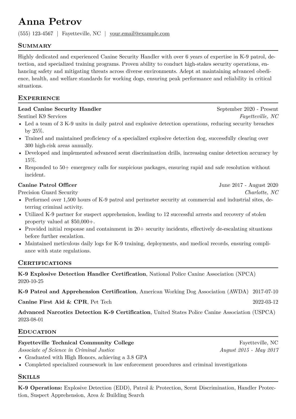 Canine Security Handler Resume Example CV template - Page 1