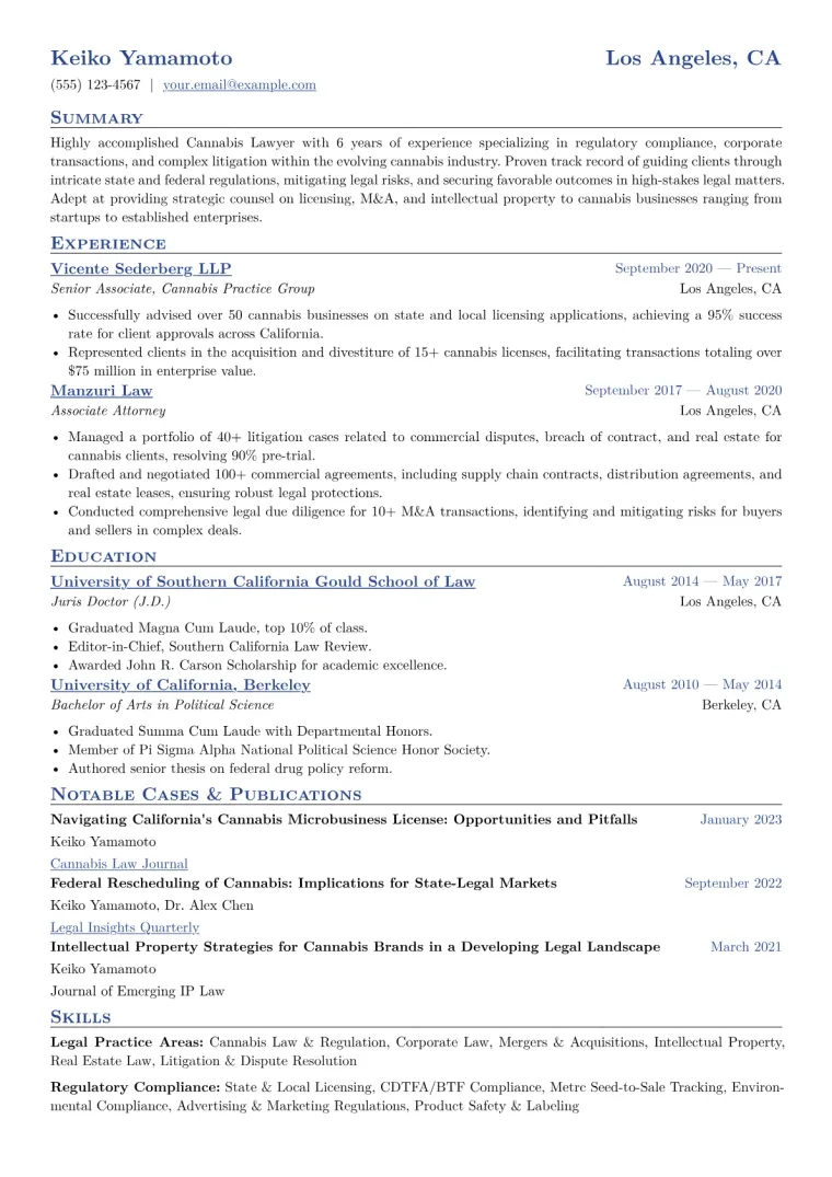 Cannabis Lawyer Resume Example CV template preview