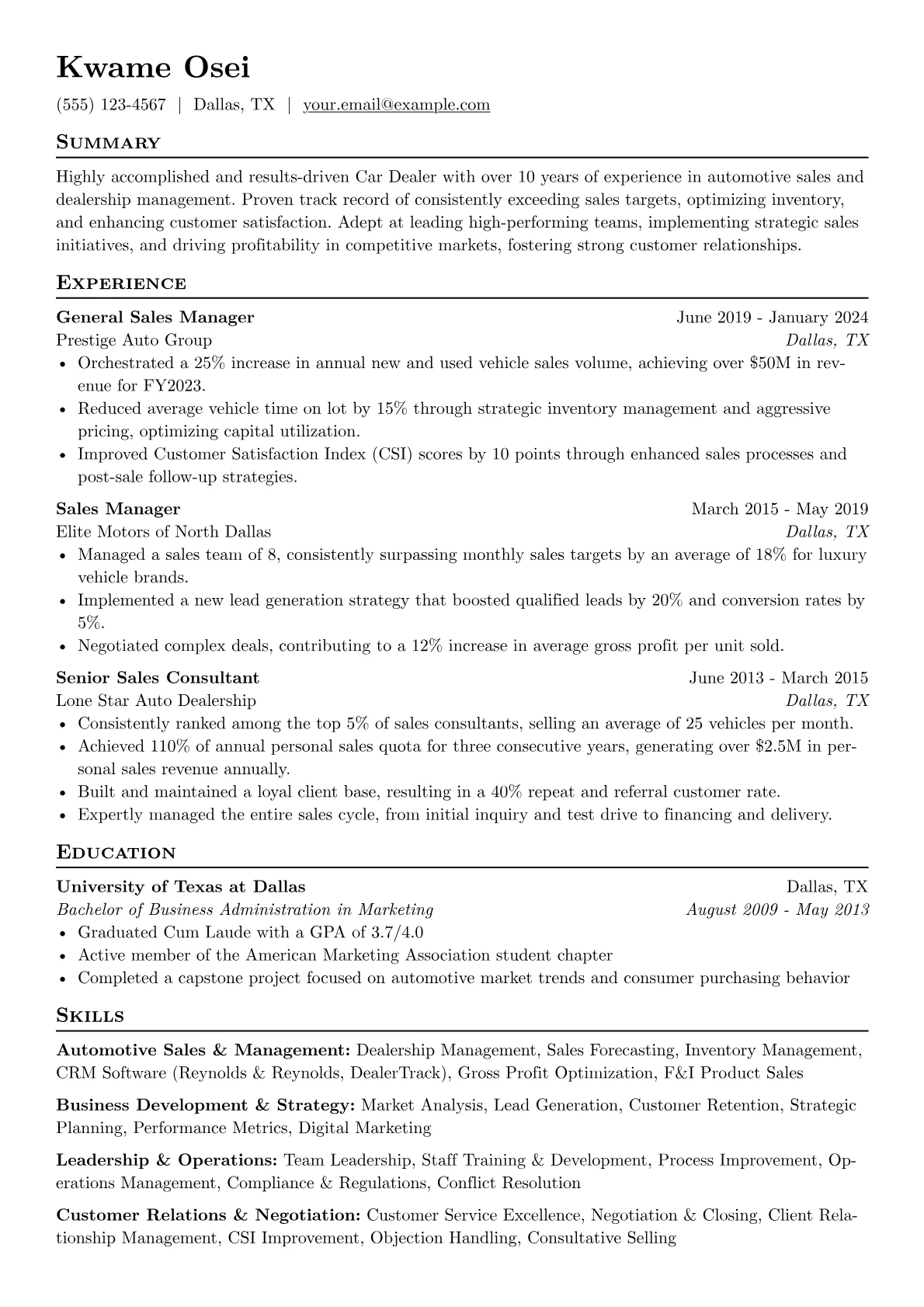 Car Dealer Resume Example CV template - Page 1