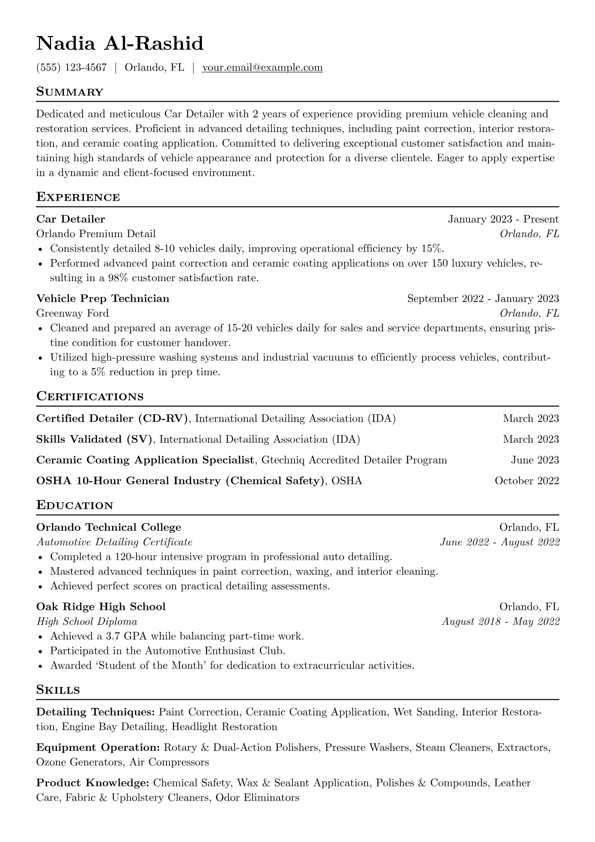Car Detailer Resume Example CV template - Page 1