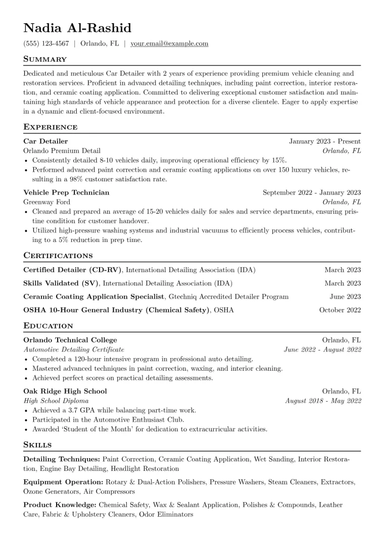Car Detailer Resume Example CV template preview