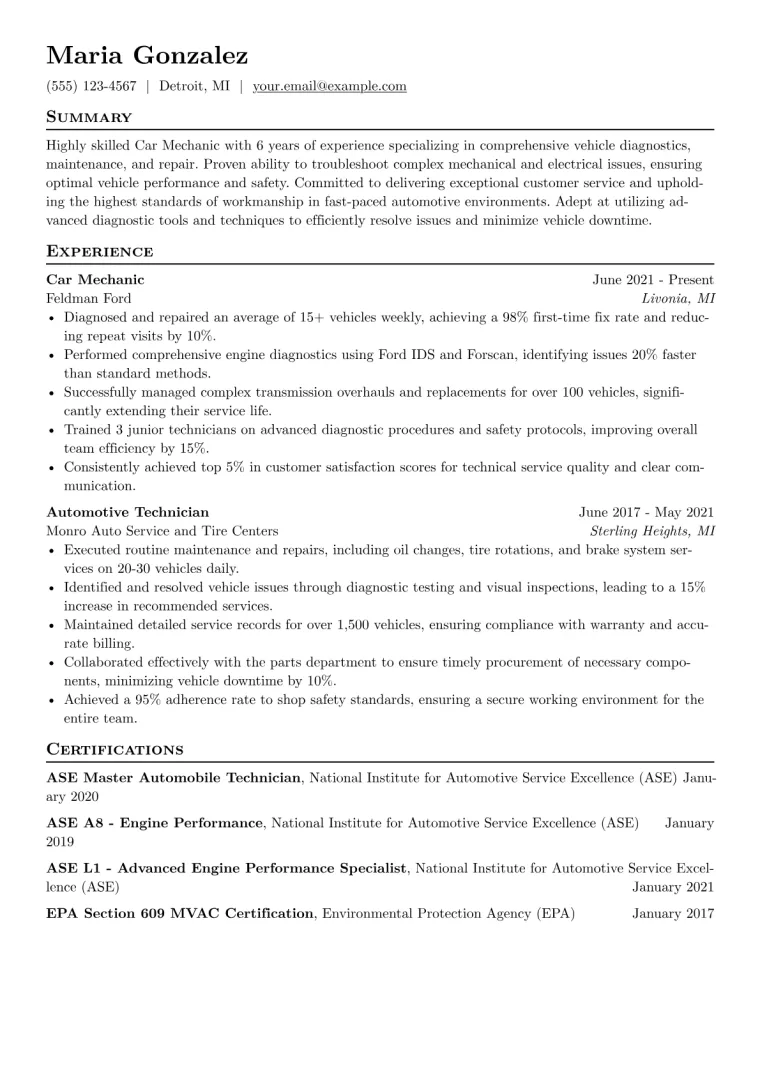 Car Mechanic Resume Example CV template preview