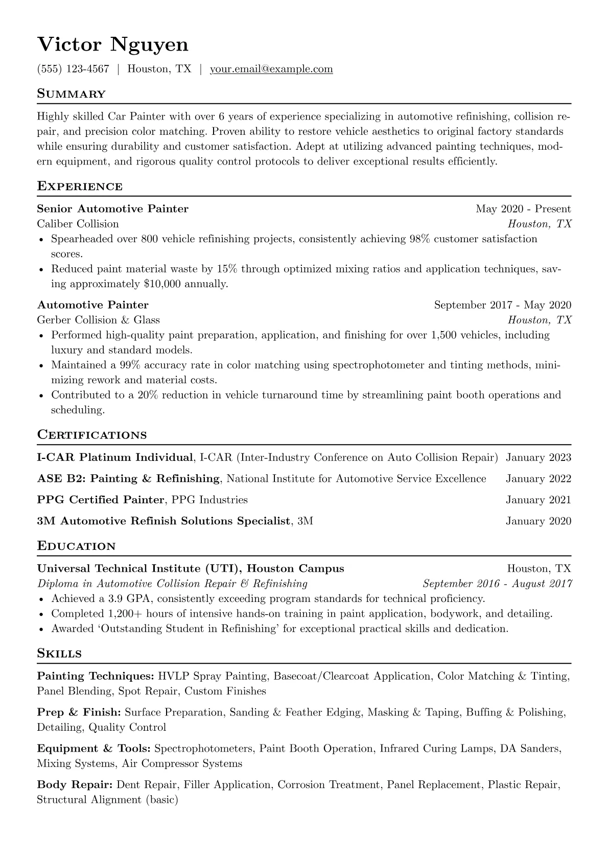 Car Painter Resume Example CV template - Page 1