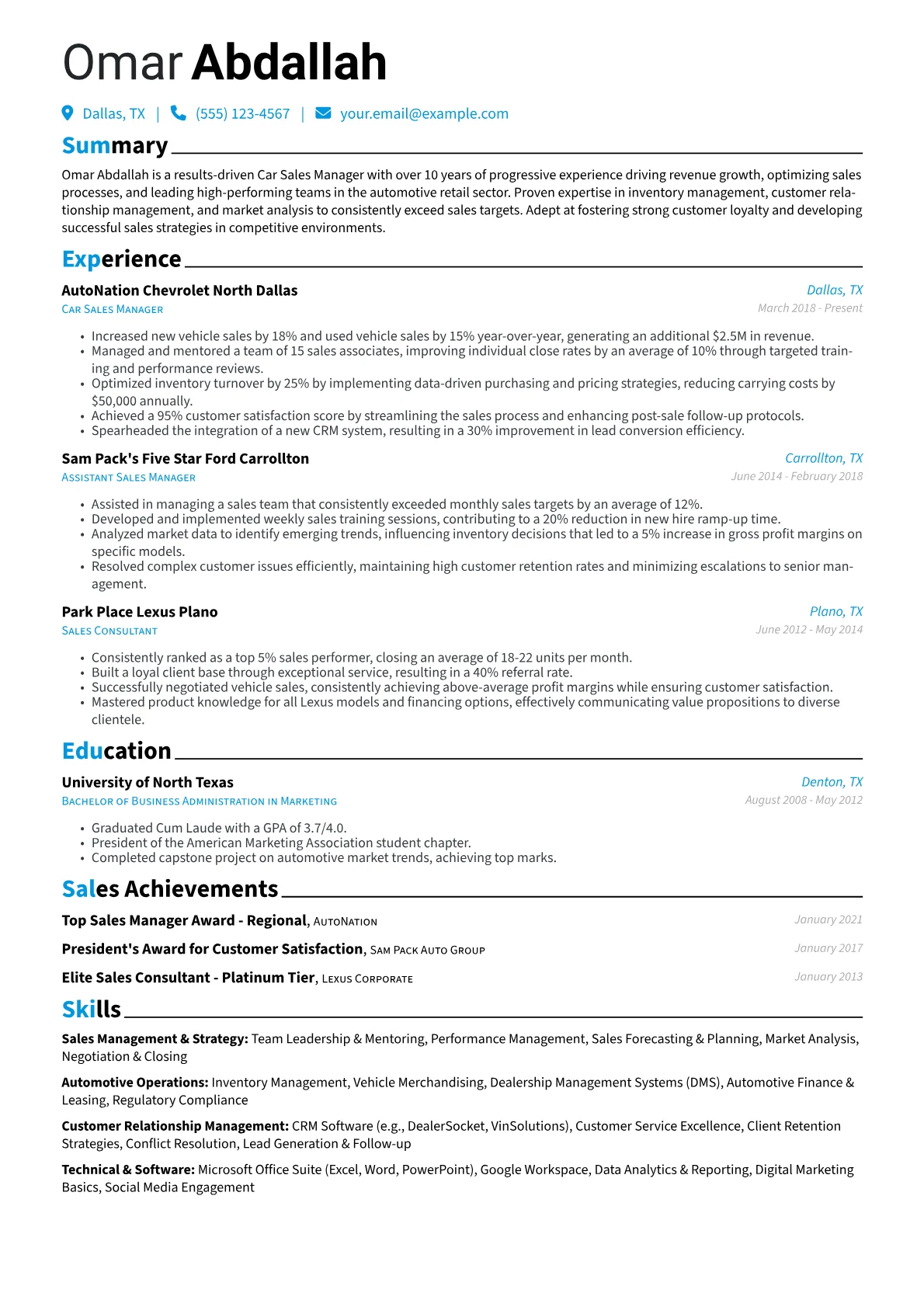 Car Sales Manager Resume Example CV template - Page 1