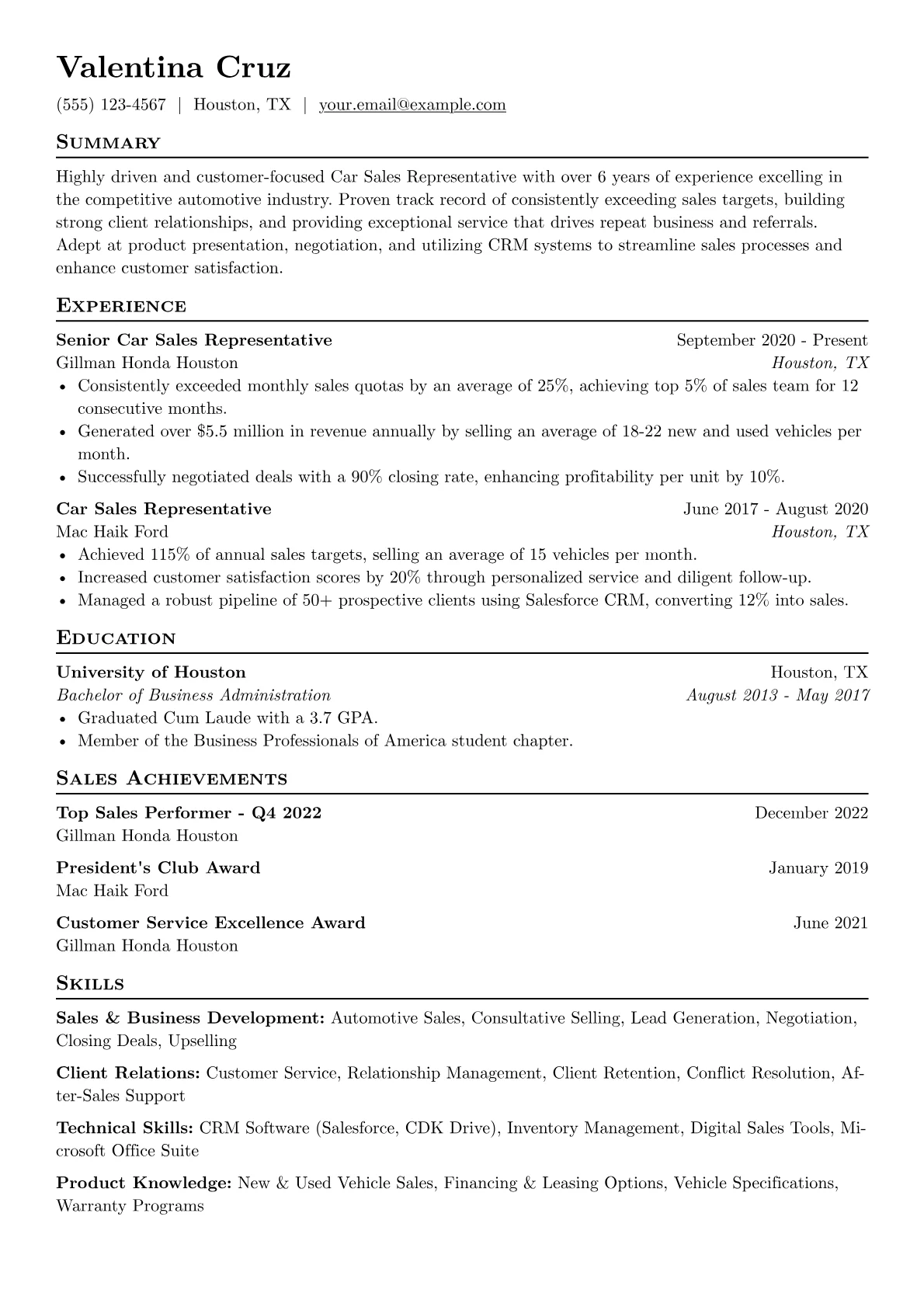 Car Sales Representative Resume Example CV template - Page 1