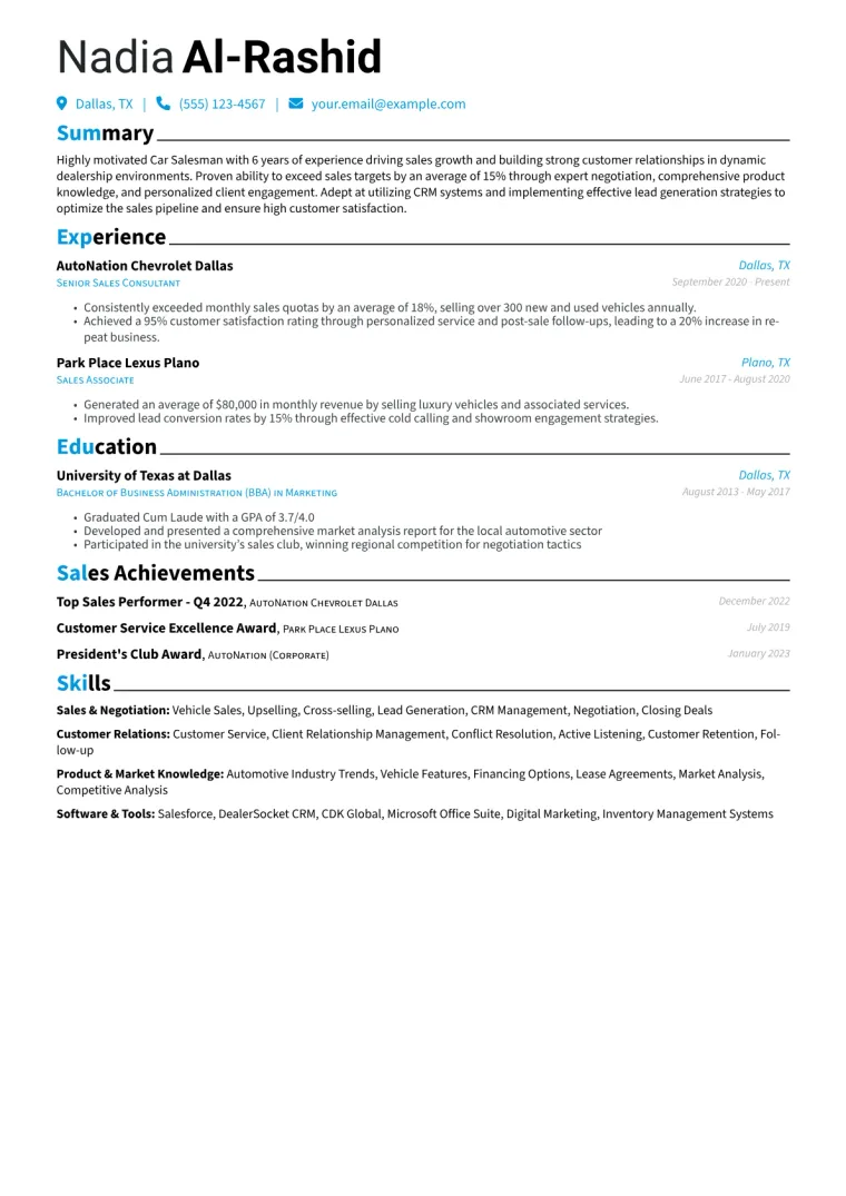 Car Salesman Resume Example CV template preview