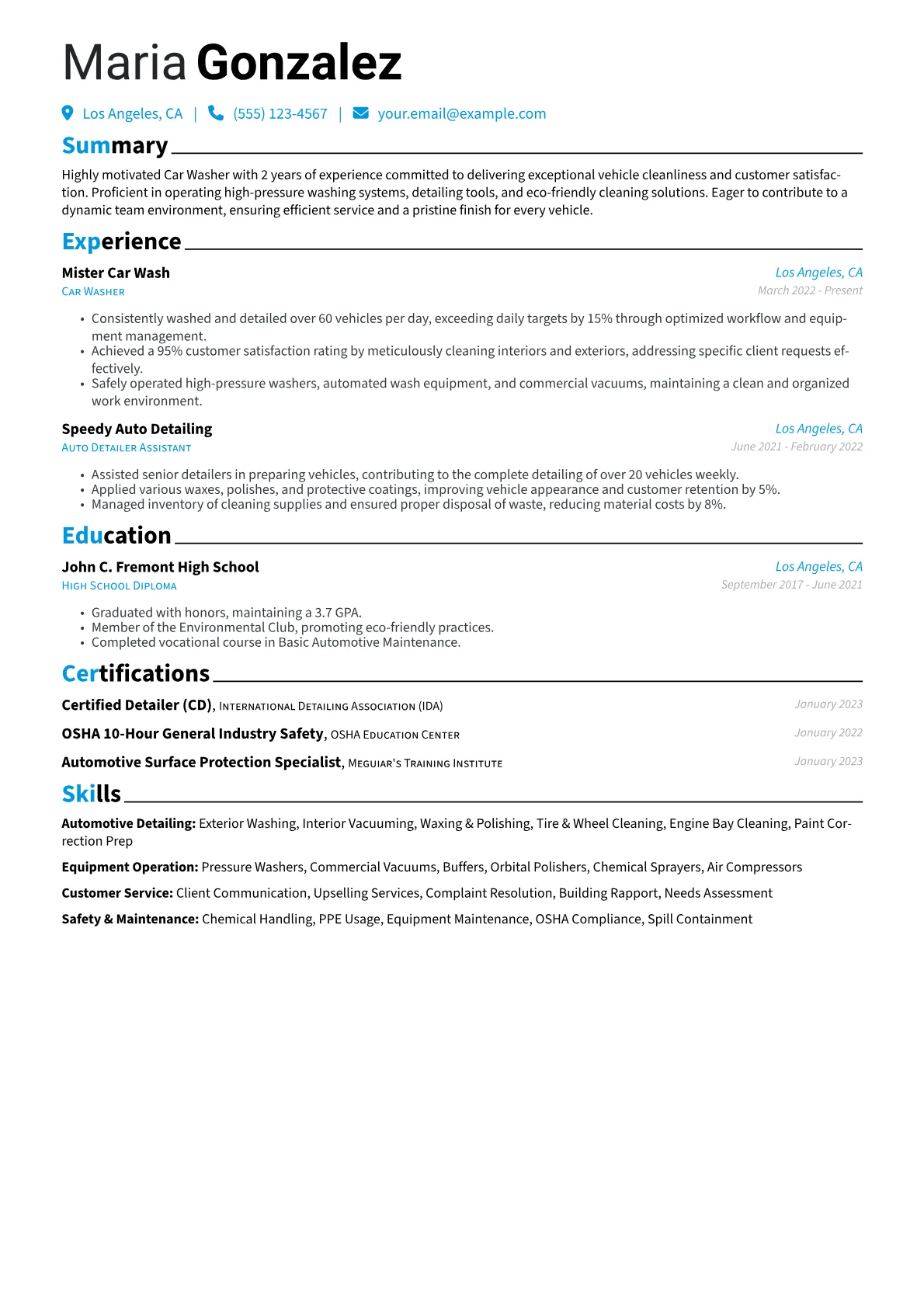 Car Washer Resume Example CV template - Page 1