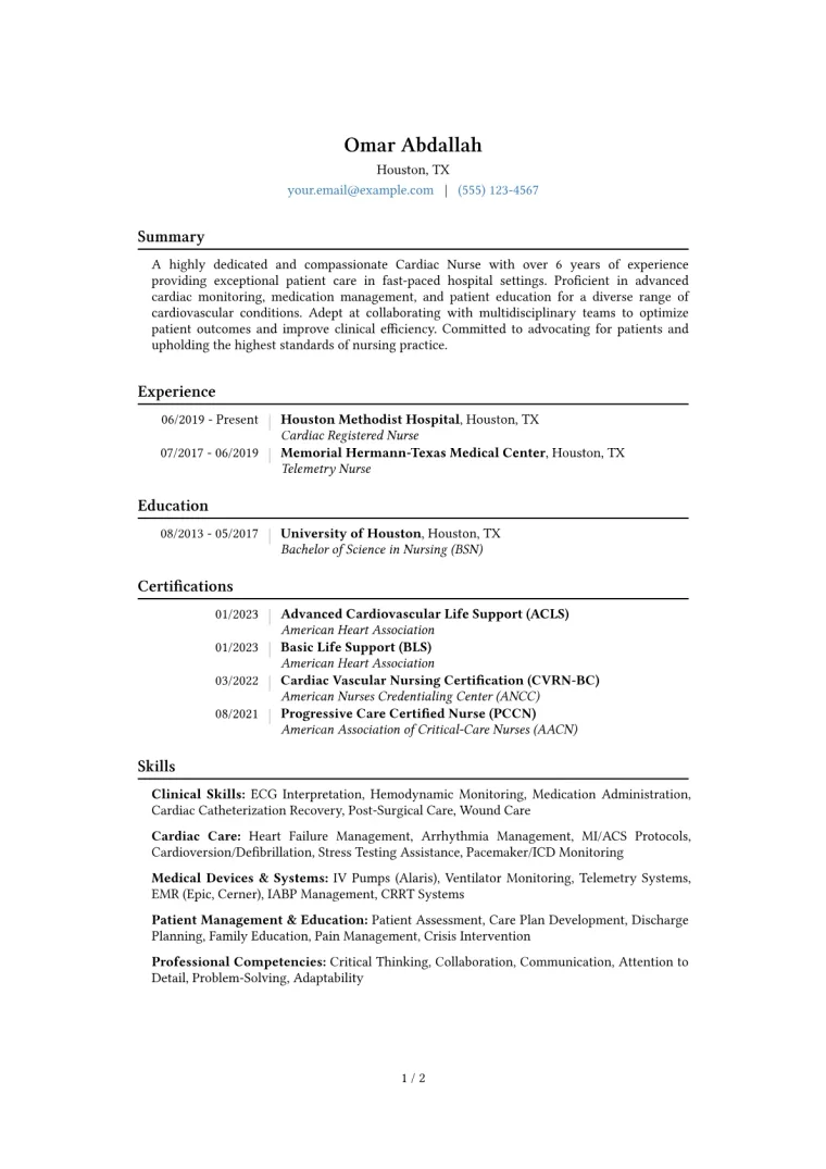 Cardiac Nurse Resume Example CV template preview