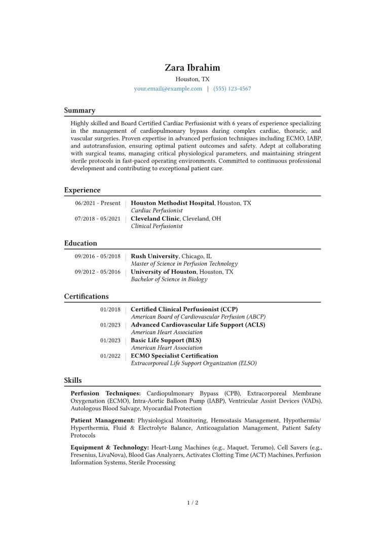 Cardiac Perfusionist Resume Example CV template preview
