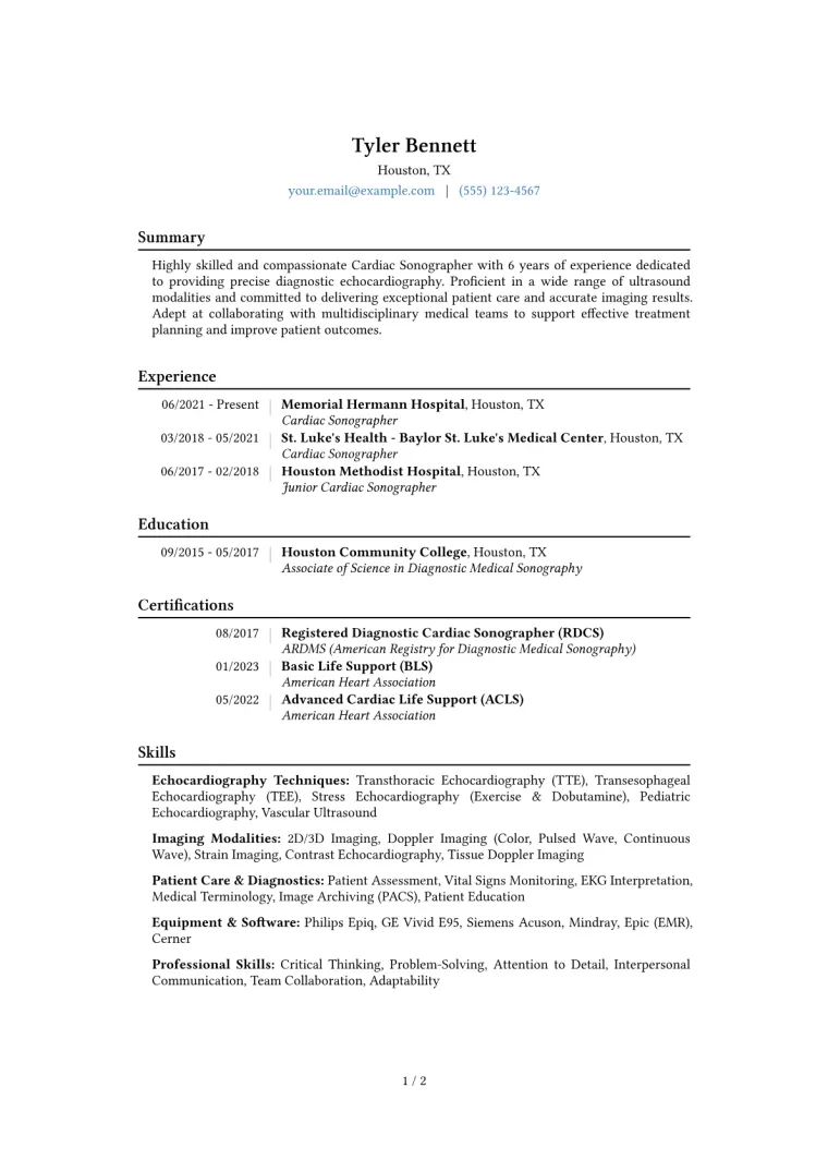 Cardiac Sonographer Resume Example CV template preview