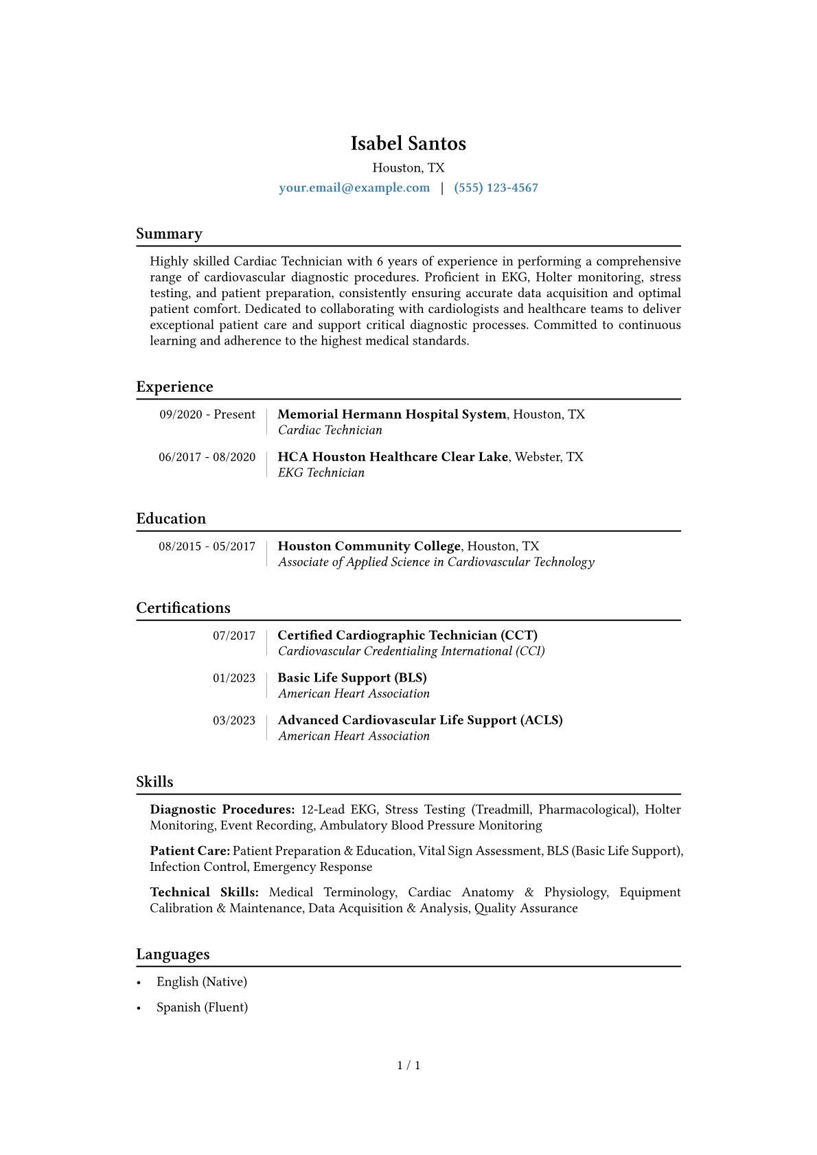 Cardiac Technician Resume Example CV template - Page 1