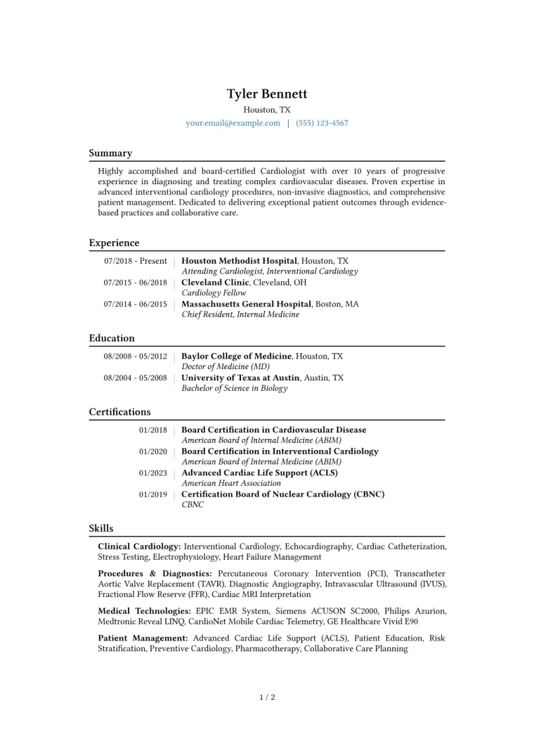 Cardiologist Resume Example CV template preview