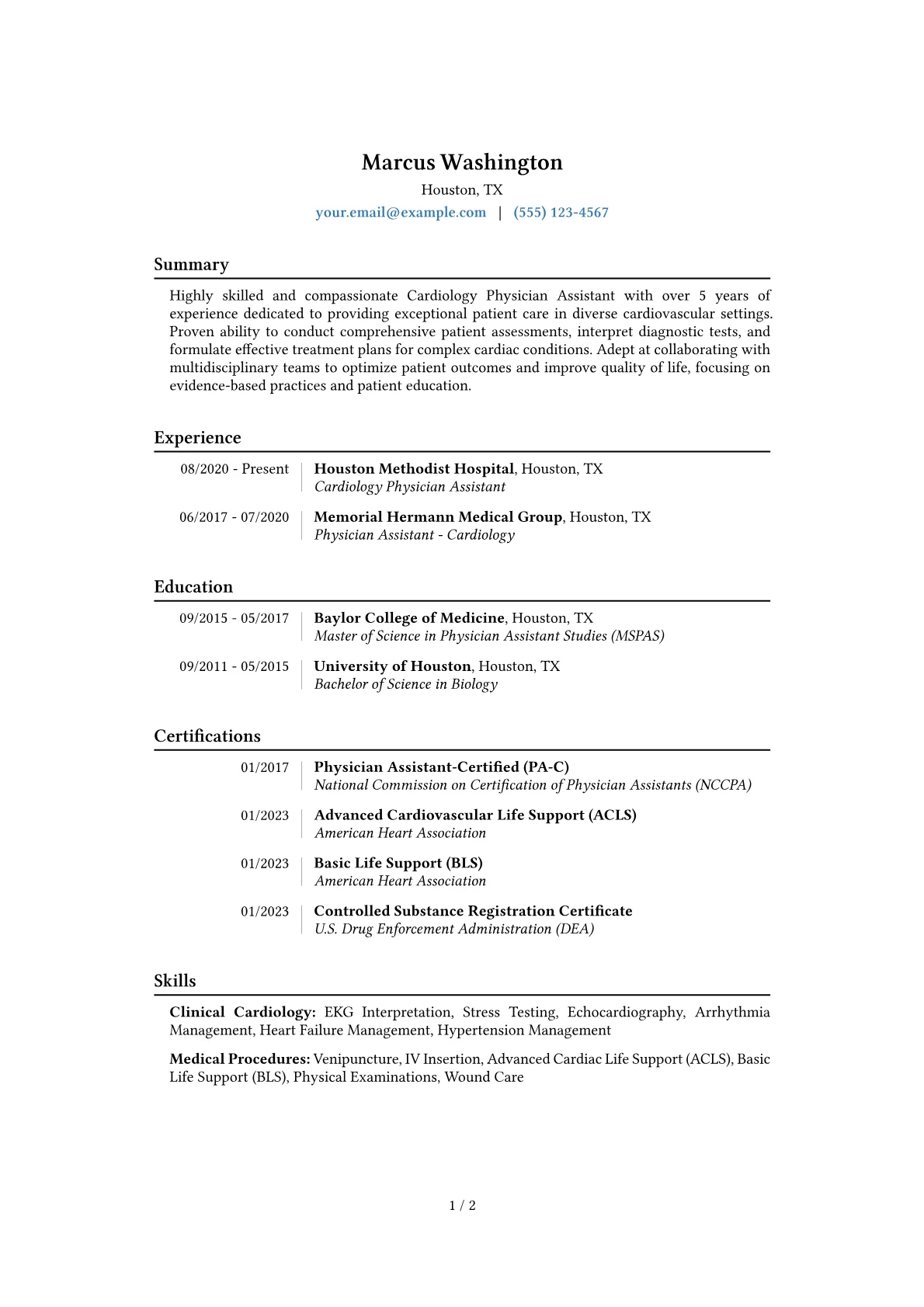 Cardiology Physician Assistant Resume Example CV template - Page 1