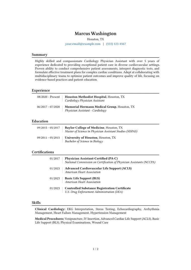 Cardiology Physician Assistant Resume Example CV template preview