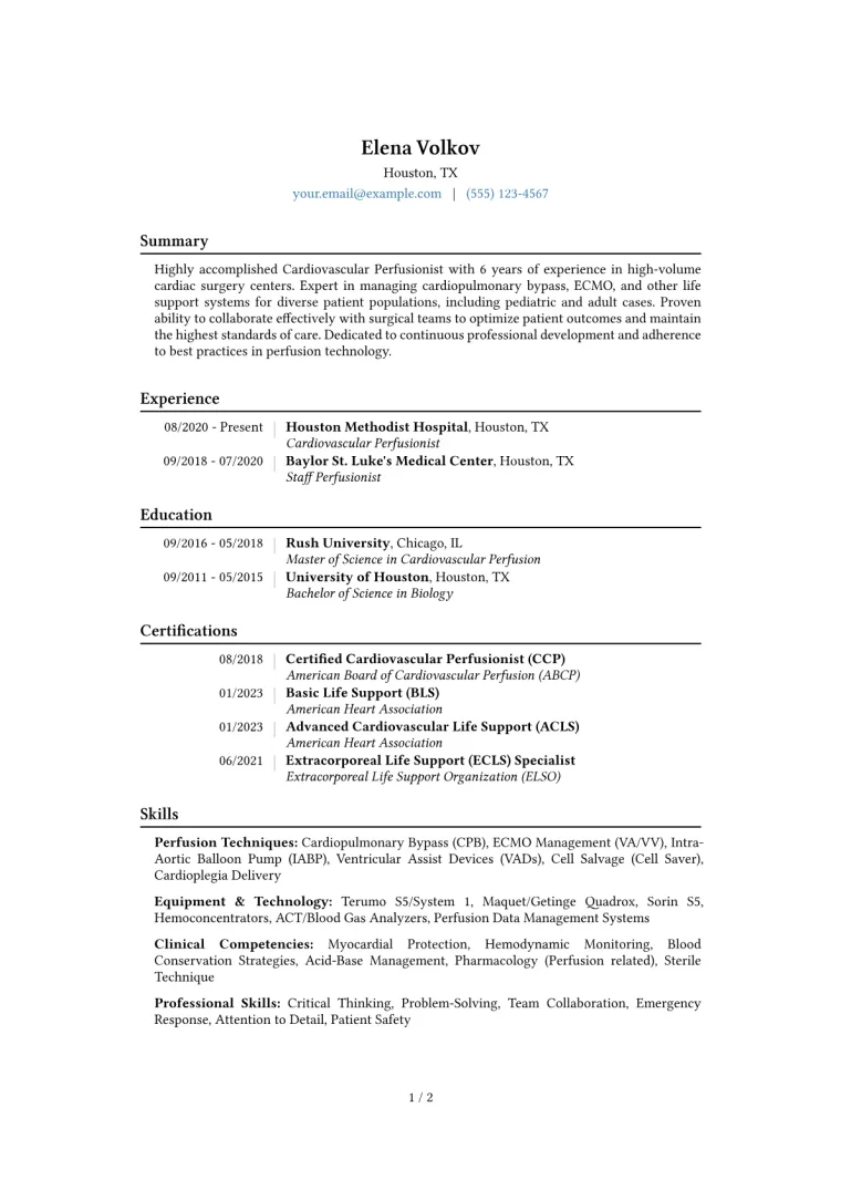 Cardiovascular Perfusionist Resume Example CV template preview