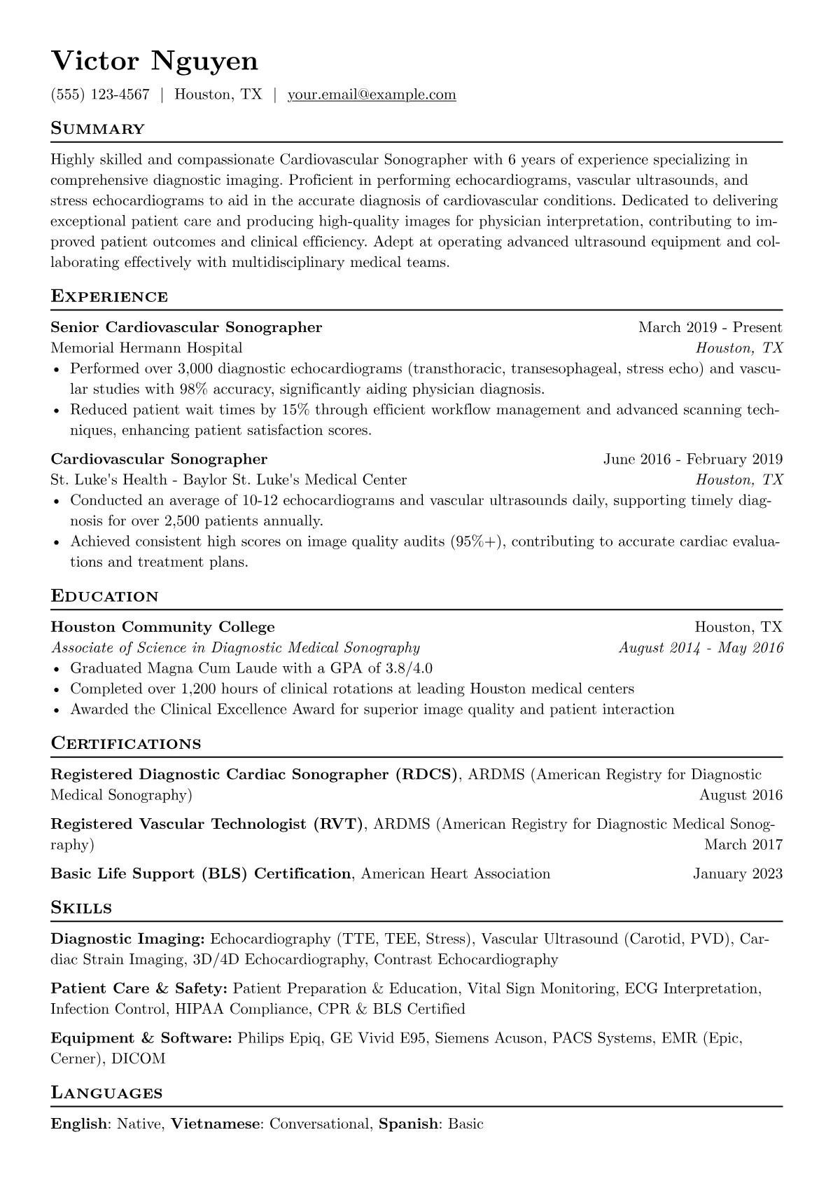 Cardiovascular Sonographer Resume Example CV template - Page 1