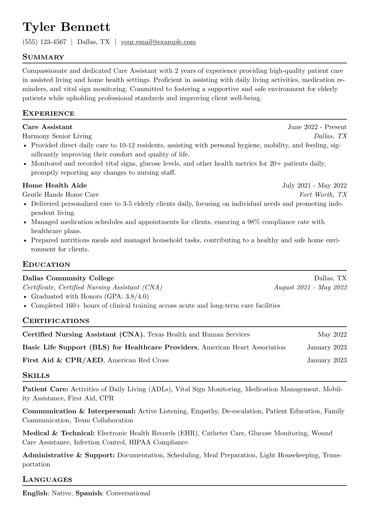 Care Assistant Resume Example CV template - Page 1