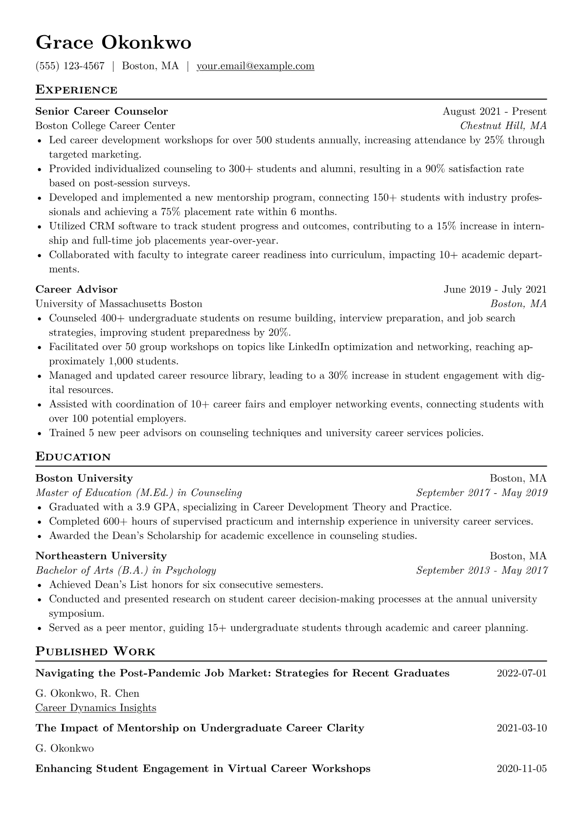 Career Counselor Resume Example CV template - Page 1